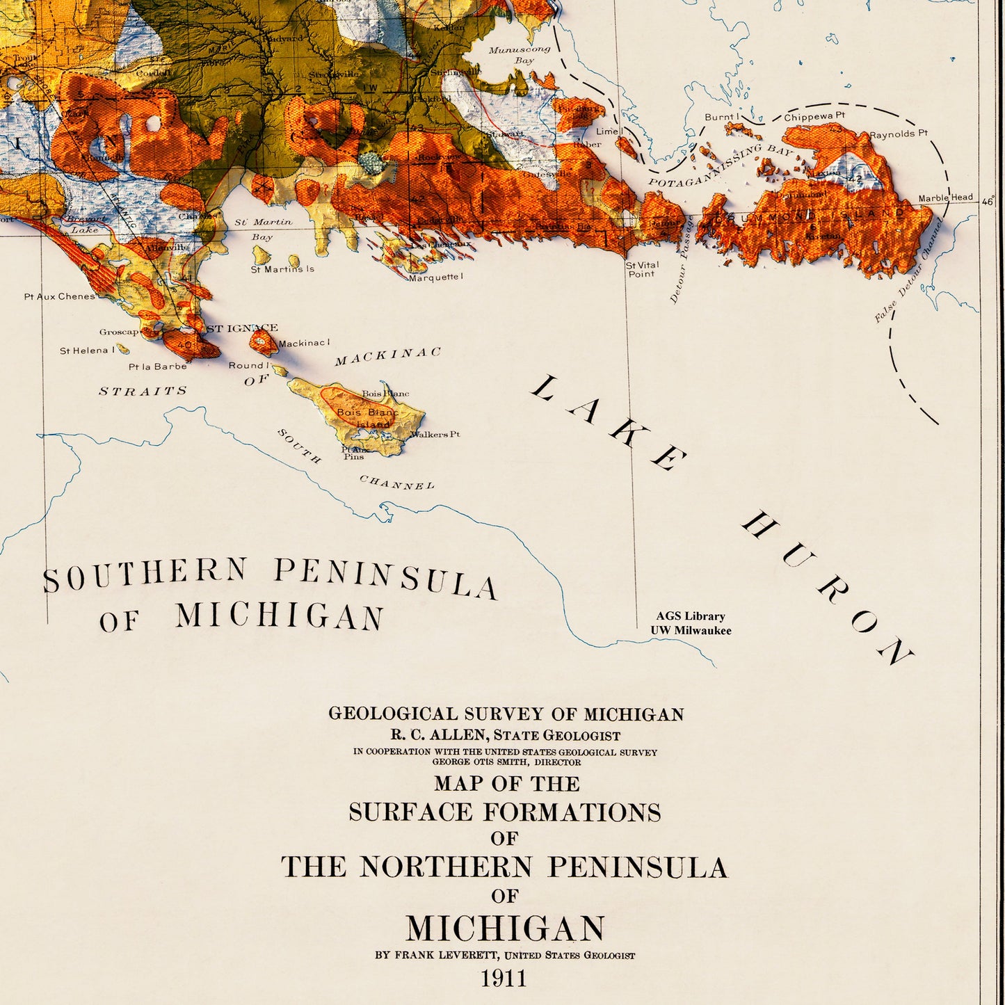 Michigan, Upper Peninsula 1911 Shaded Relief Map