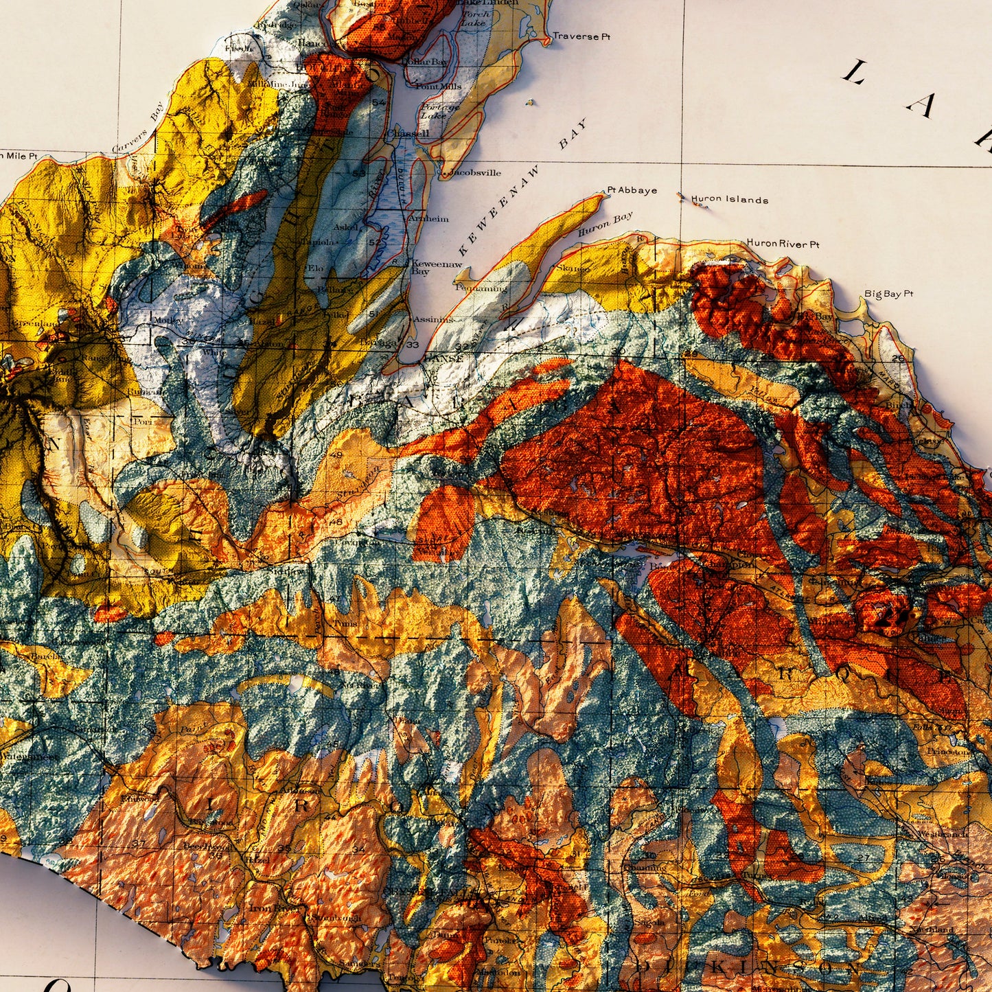 Michigan, Upper Peninsula 1911 Shaded Relief Map