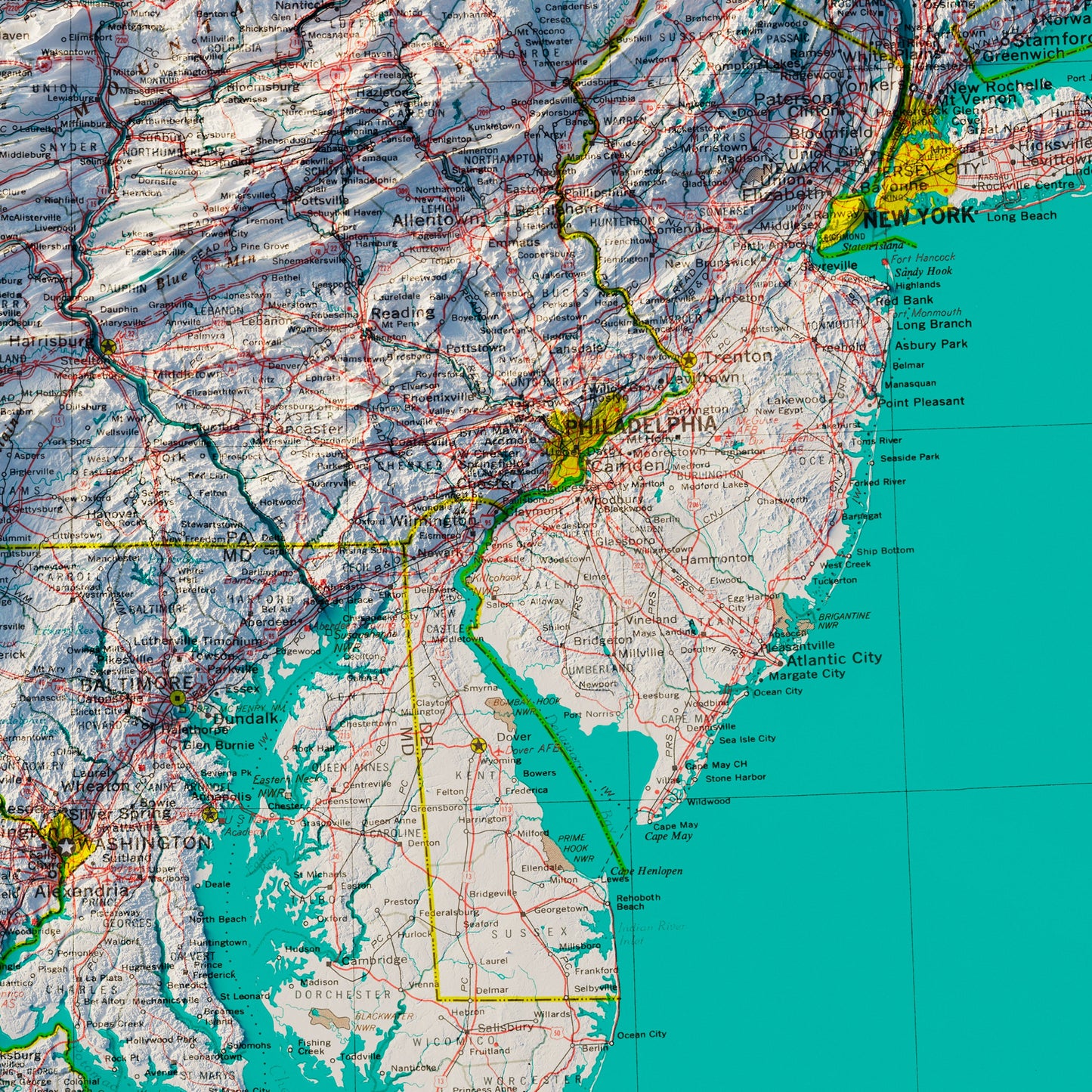 Middle Atlantic States 1970 Shaded Relief Map