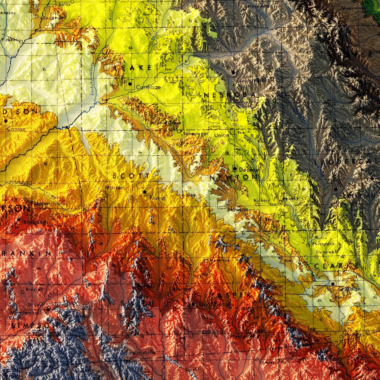 Mississippi 1969 Shaded Relief Map