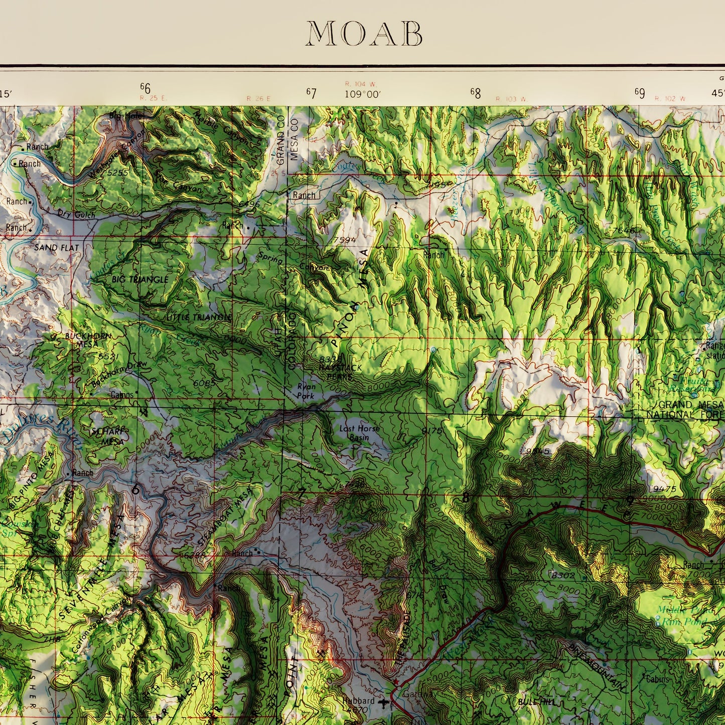 Moab, Utah 1969 Shaded Relief Map