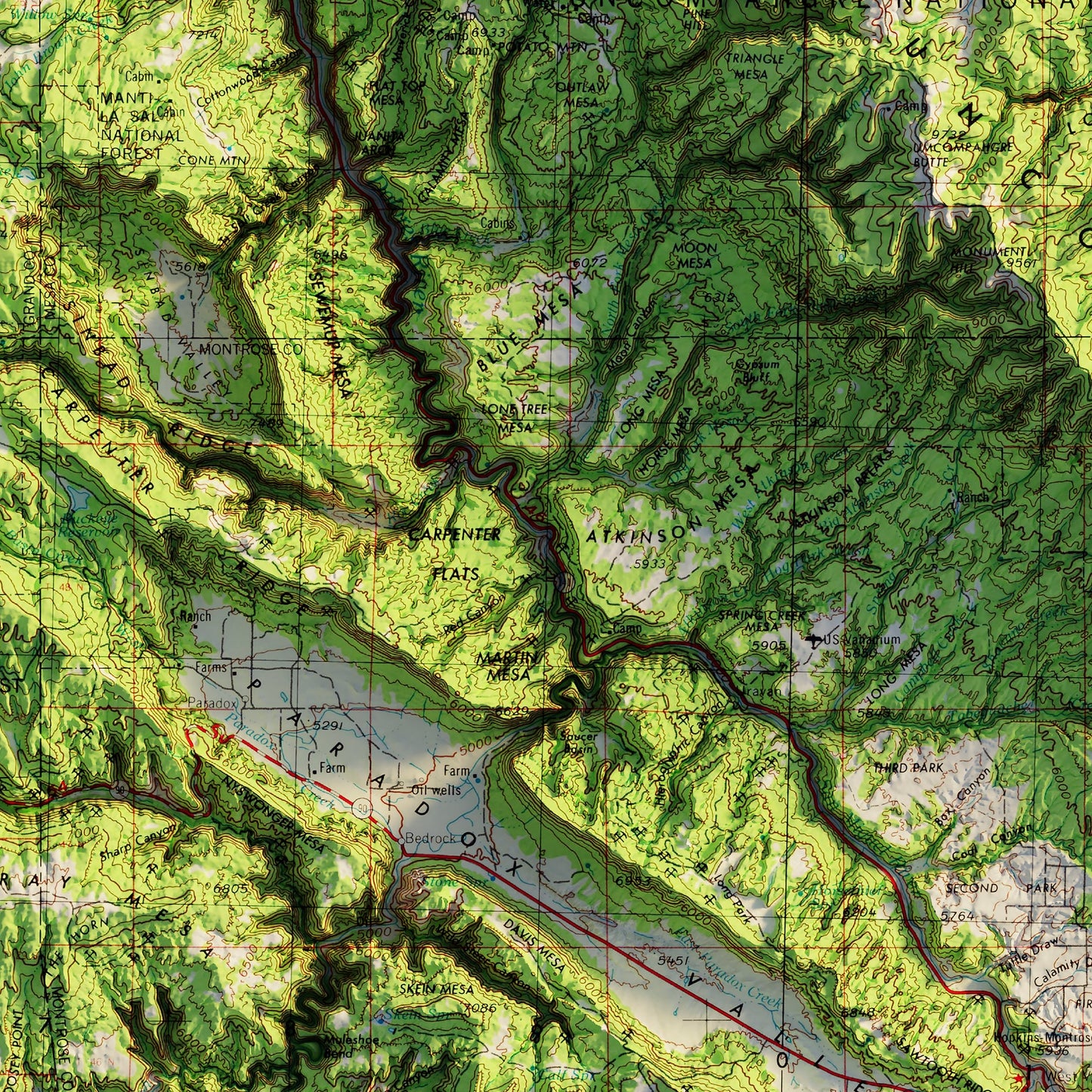 Moab, Utah 1969 Shaded Relief Map