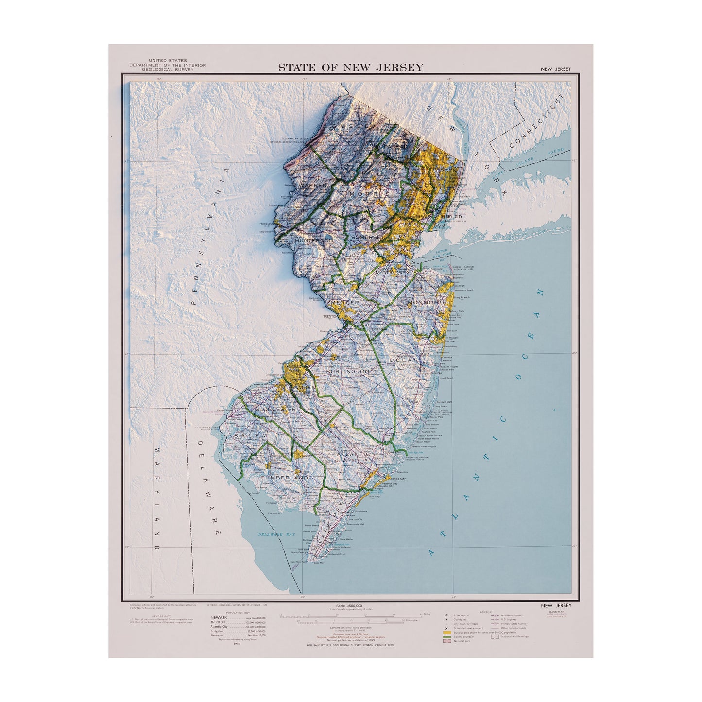 Vintage New Jersey Relief Map - 1974