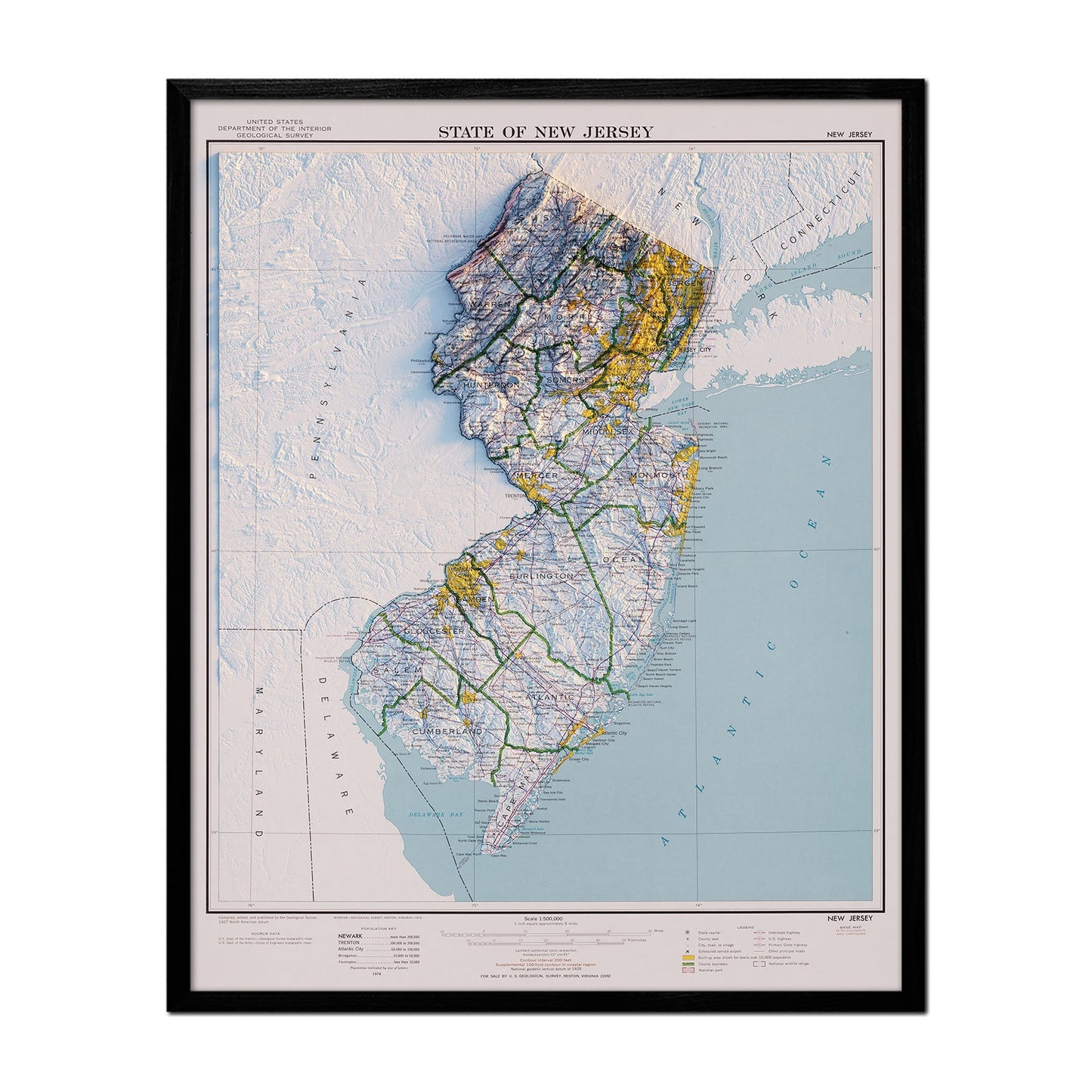 Vintage New Jersey Relief Map - 1974