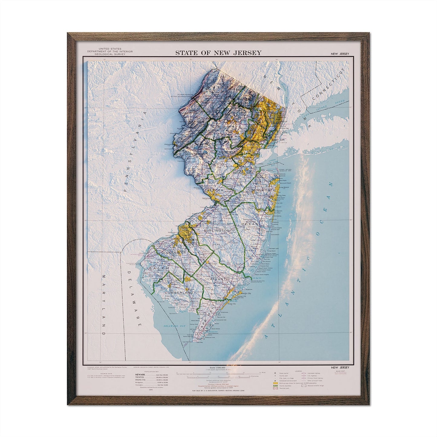 Vintage New Jersey Relief Map - 1974