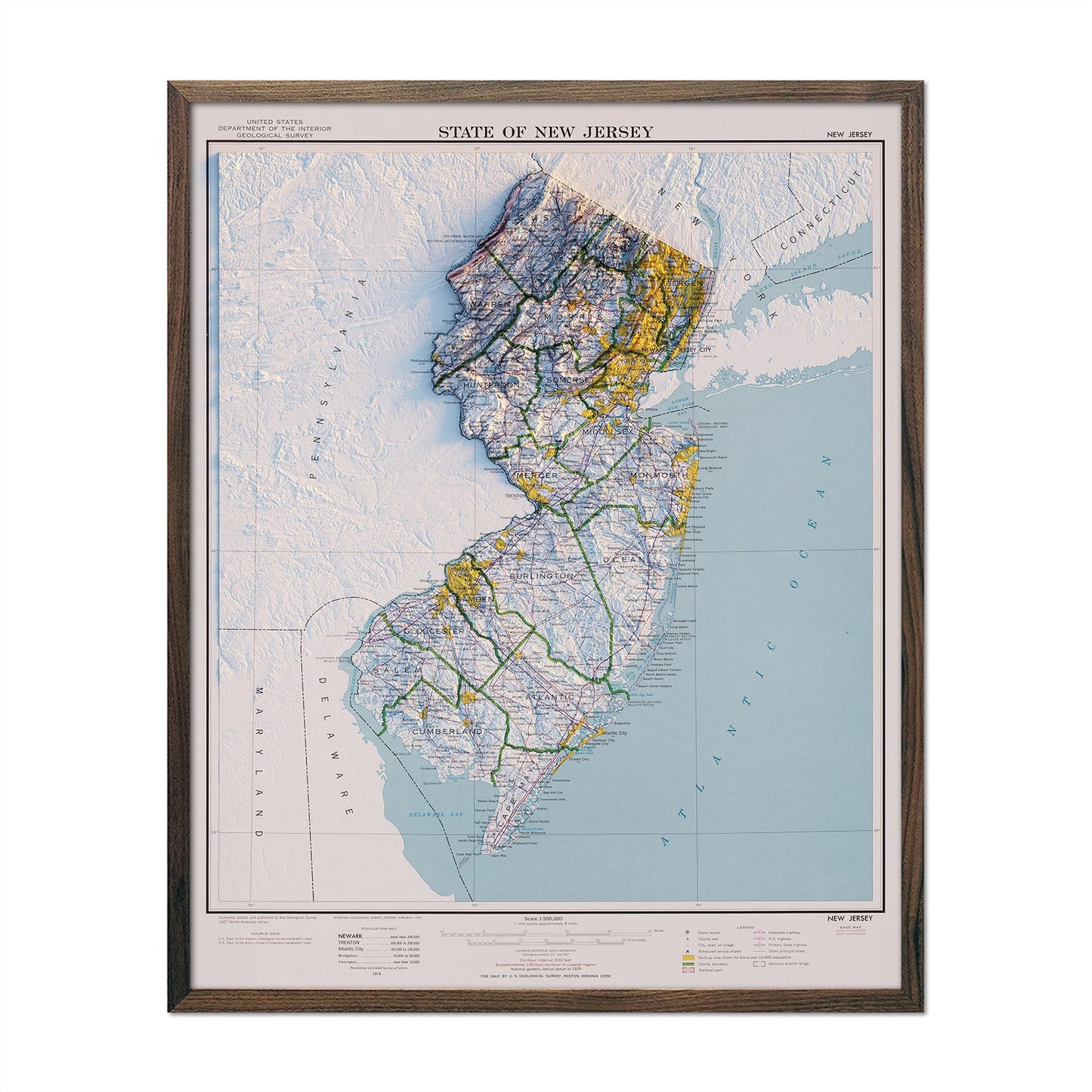 Vintage New Jersey Relief Map - 1974