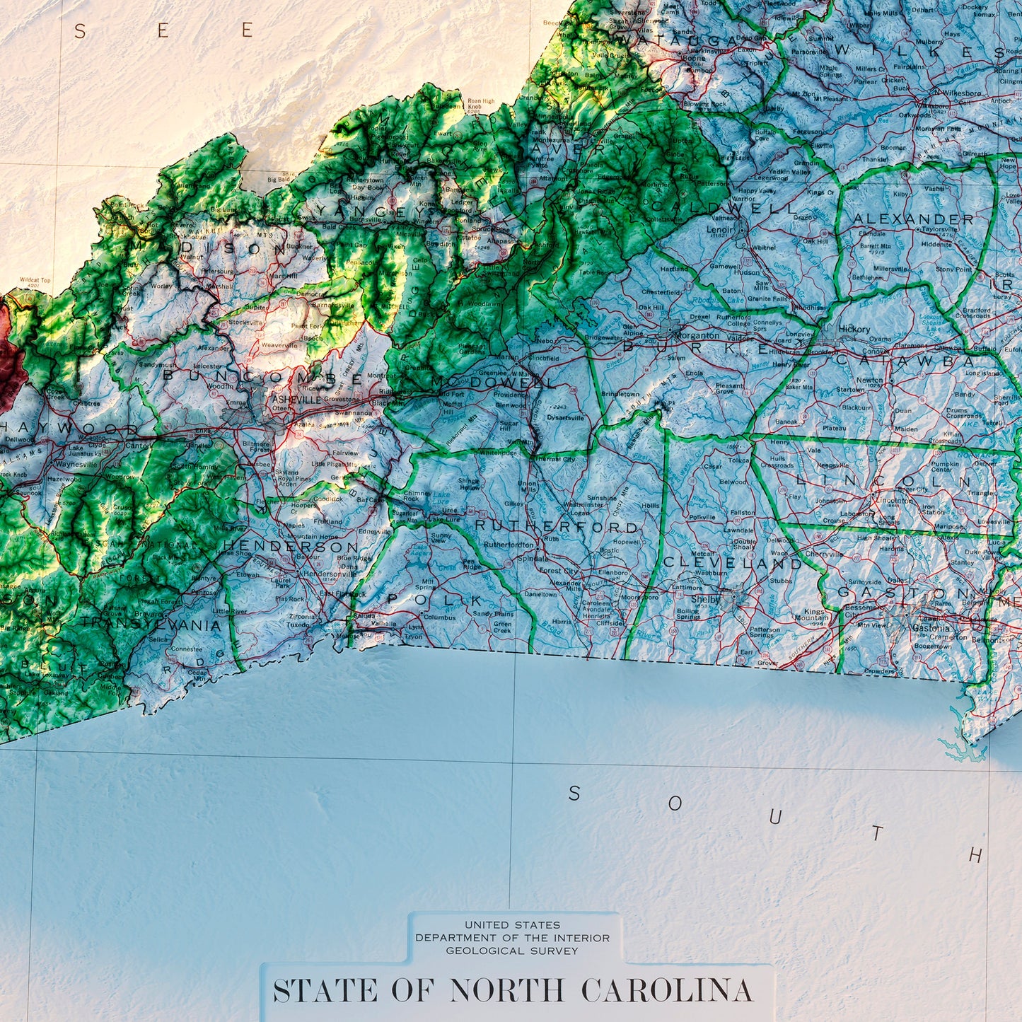 North Carolina 1972 Shaded Relief Map