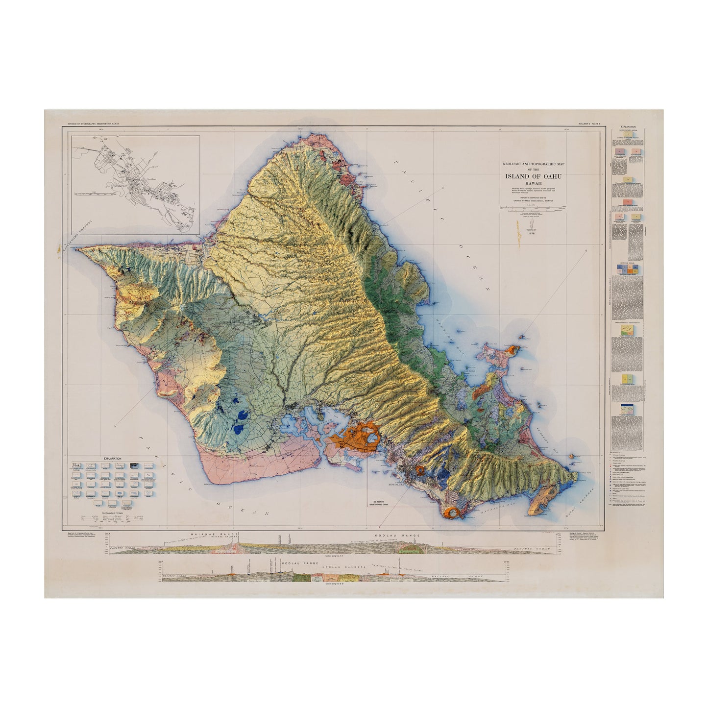 Vintage Oahu Relief Map - 1938