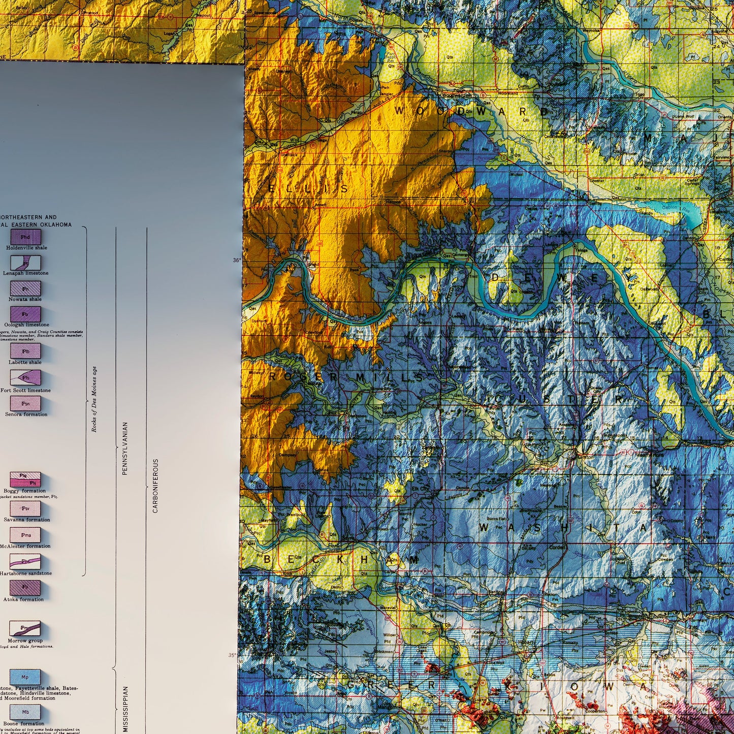 Oklahoma 1954 Shaded Relief Map