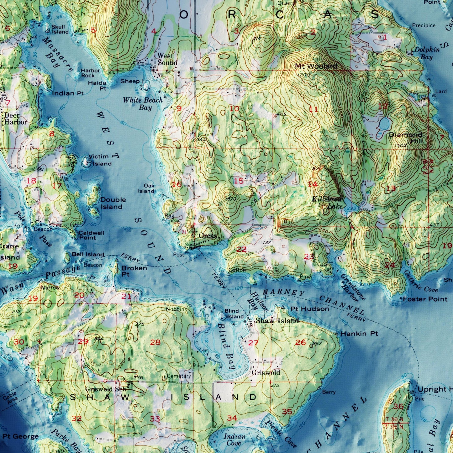 Orcas Island, WA 1957 Shaded Relief Map