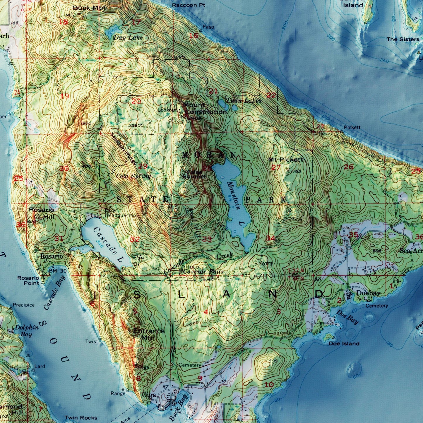 Orcas Island, WA 1957 Shaded Relief Map