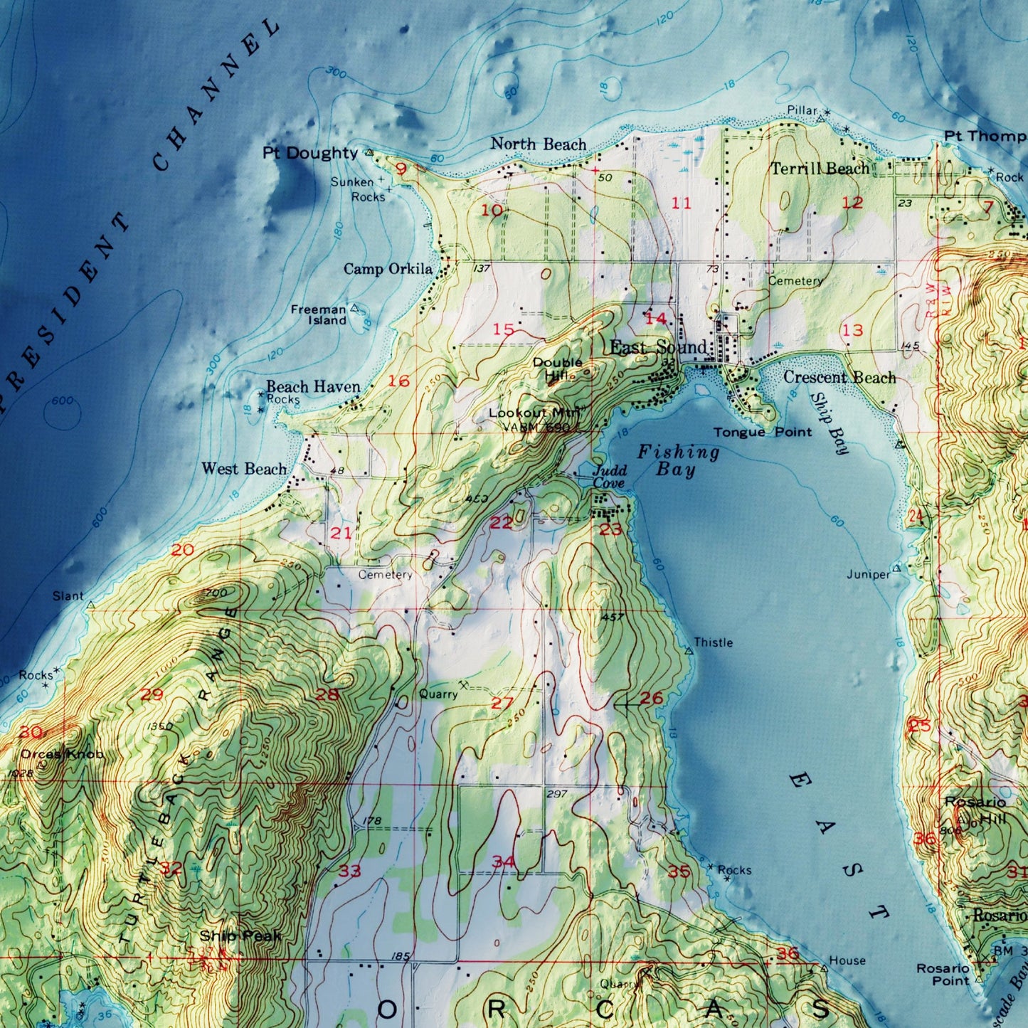 Orcas Island, WA 1957 Shaded Relief Map