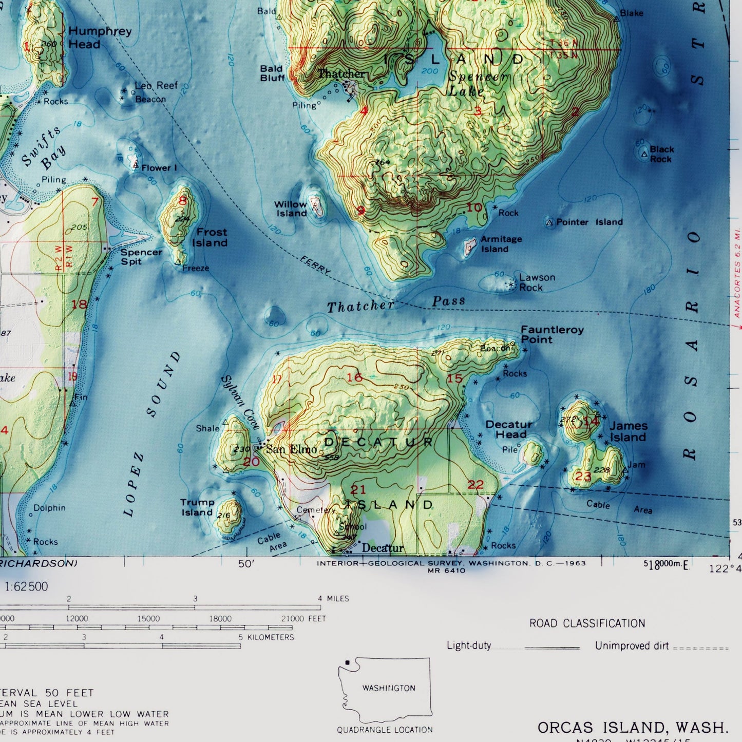 Orcas Island, WA 1957 Shaded Relief Map