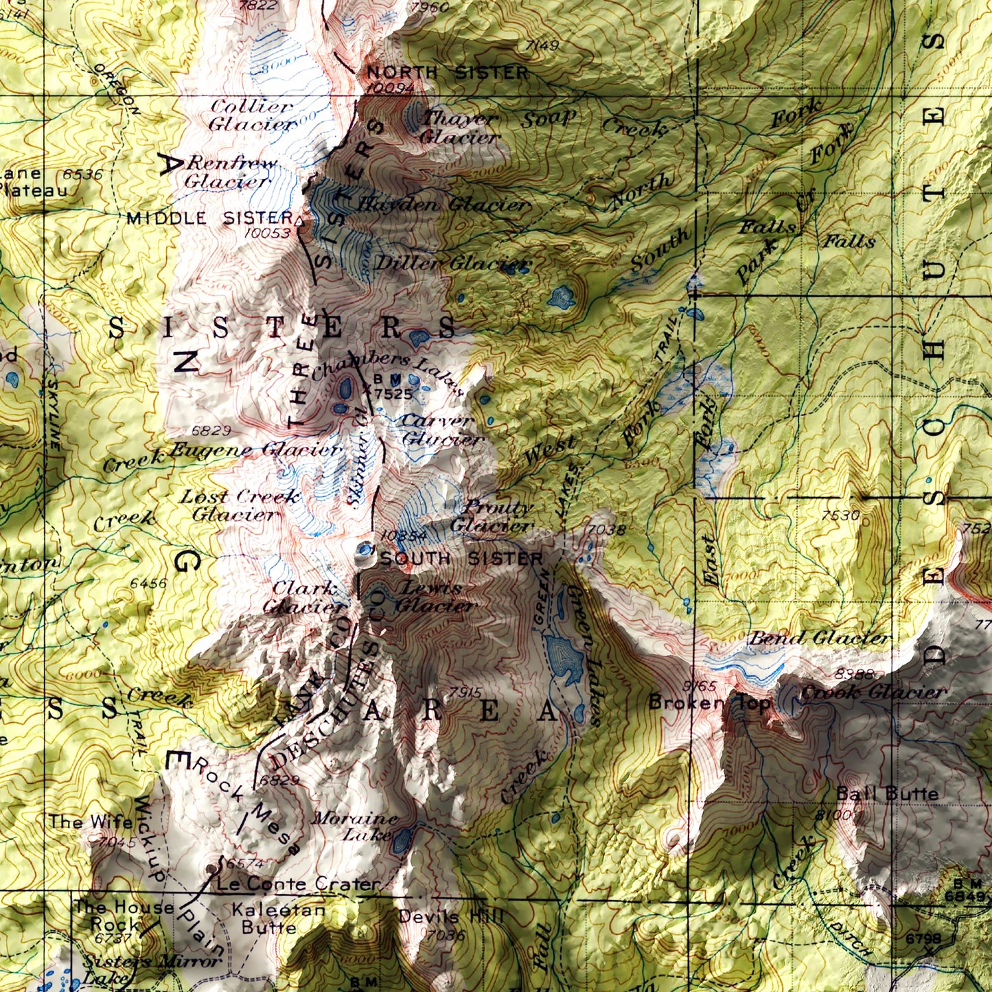 Oregon, Three Sisters 1929 Shaded Relief Map