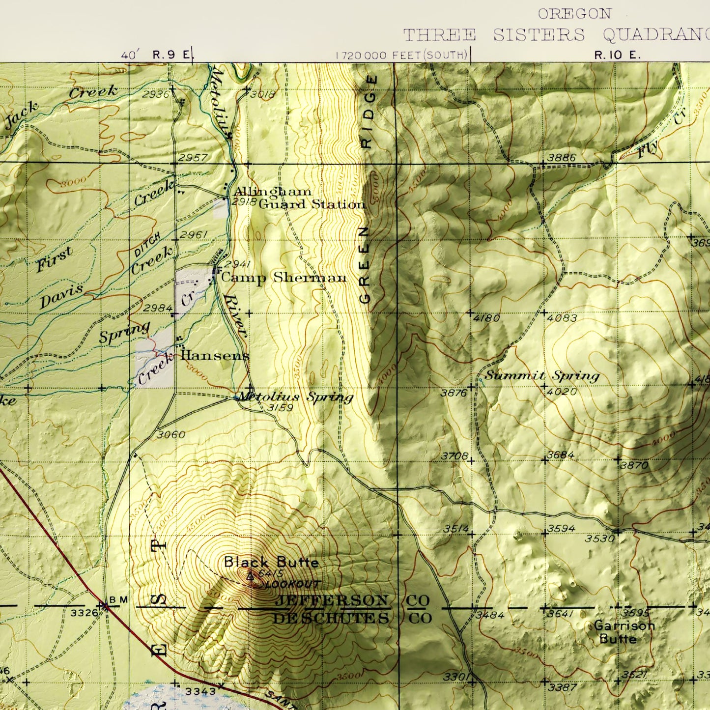 Oregon, Three Sisters 1929 Shaded Relief Map