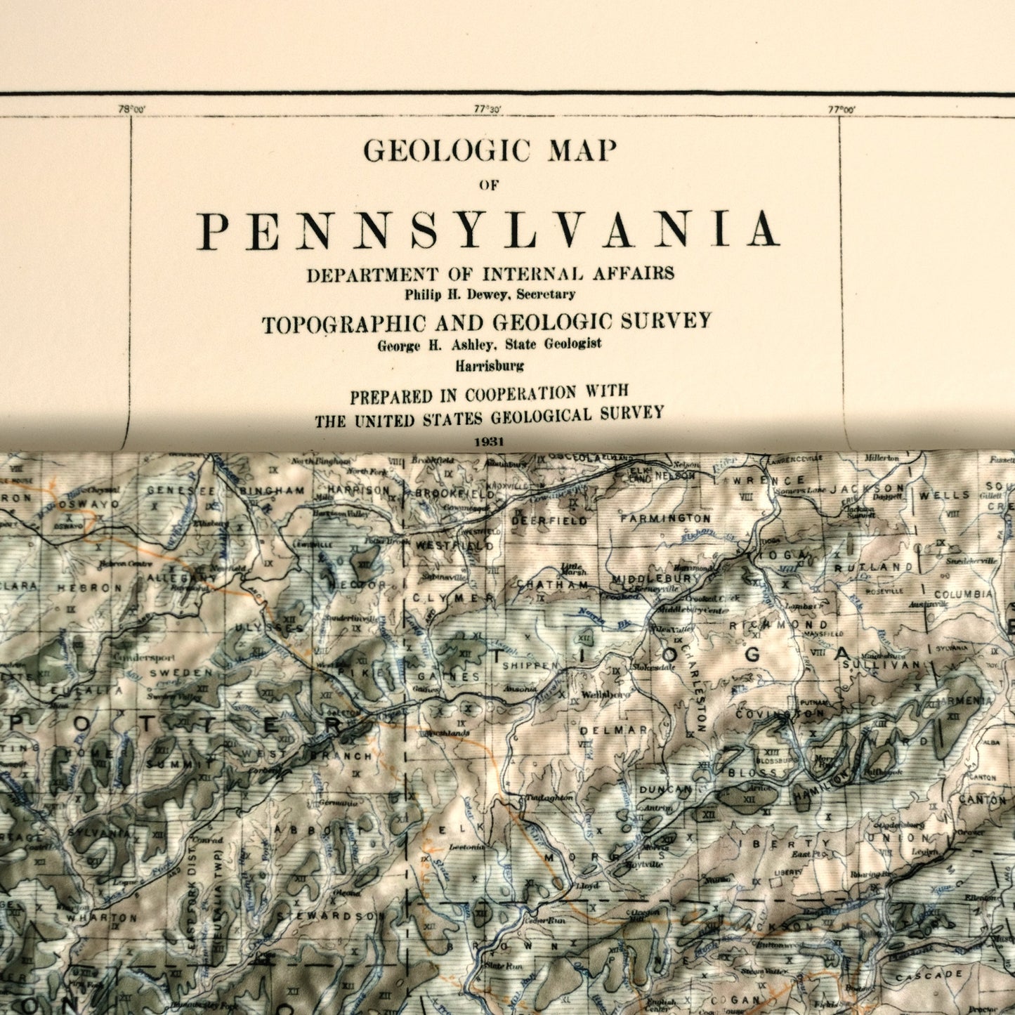 Pennsylvania 1931 3D Raised Relief Map