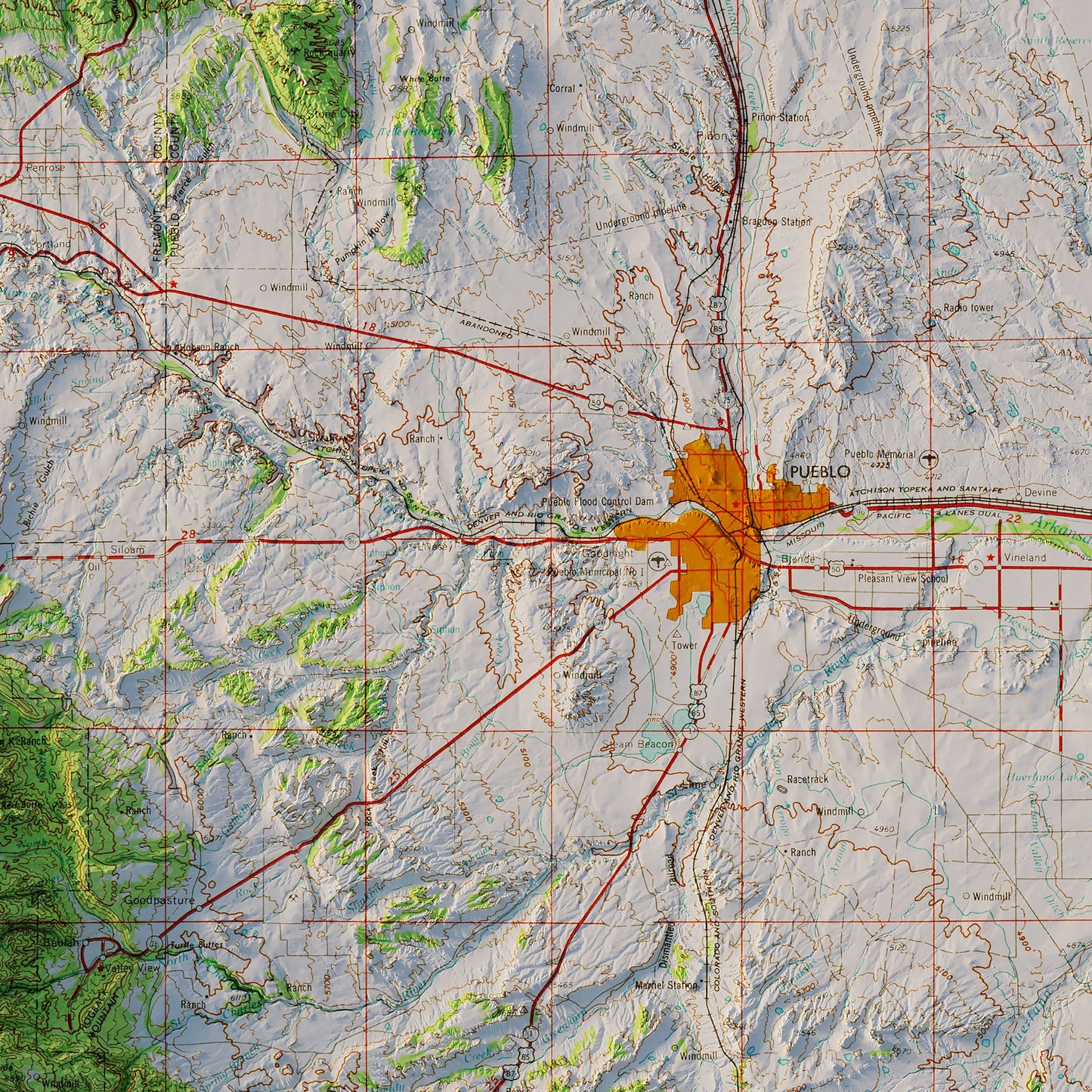 Colorado Springs, CO 1954 Shaded Relief Map