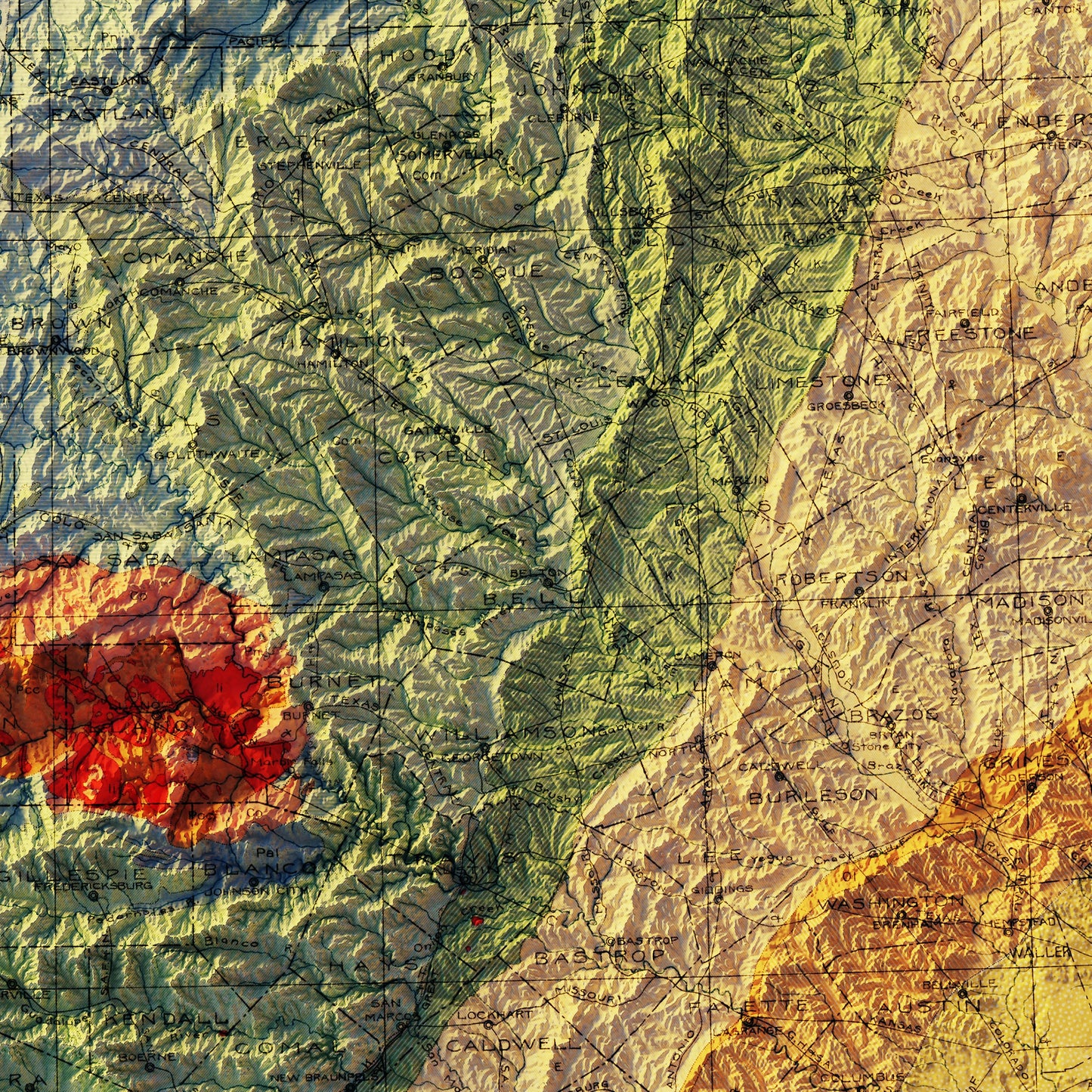 Texas 1916 Shaded Relief Map