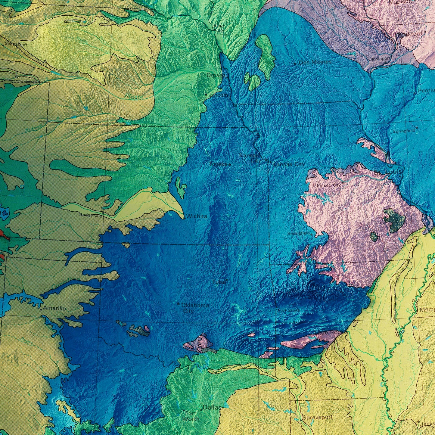 USA Geologic 1970 Shaded Relief Map