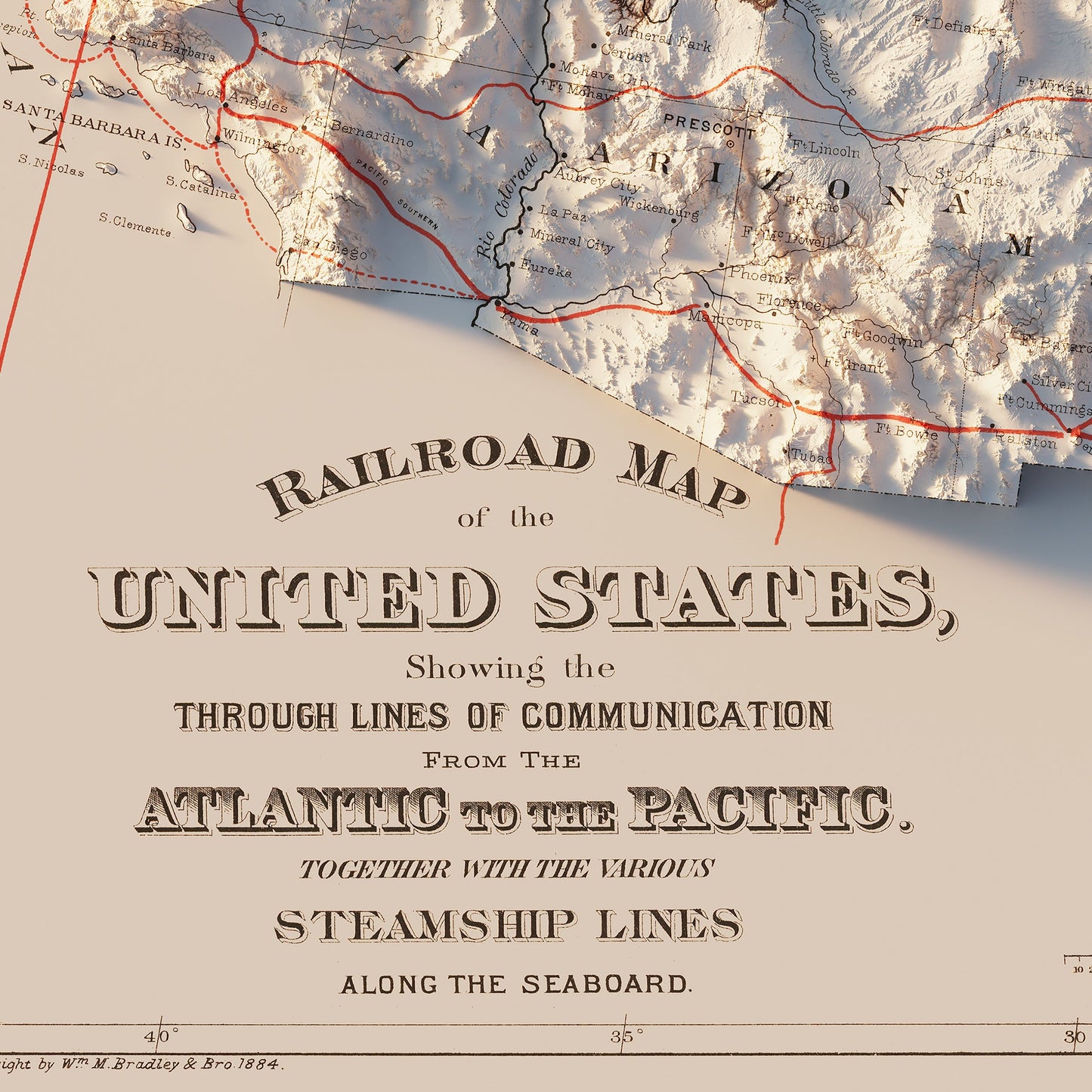 USA Railroad 1884 Shaded Relief Map