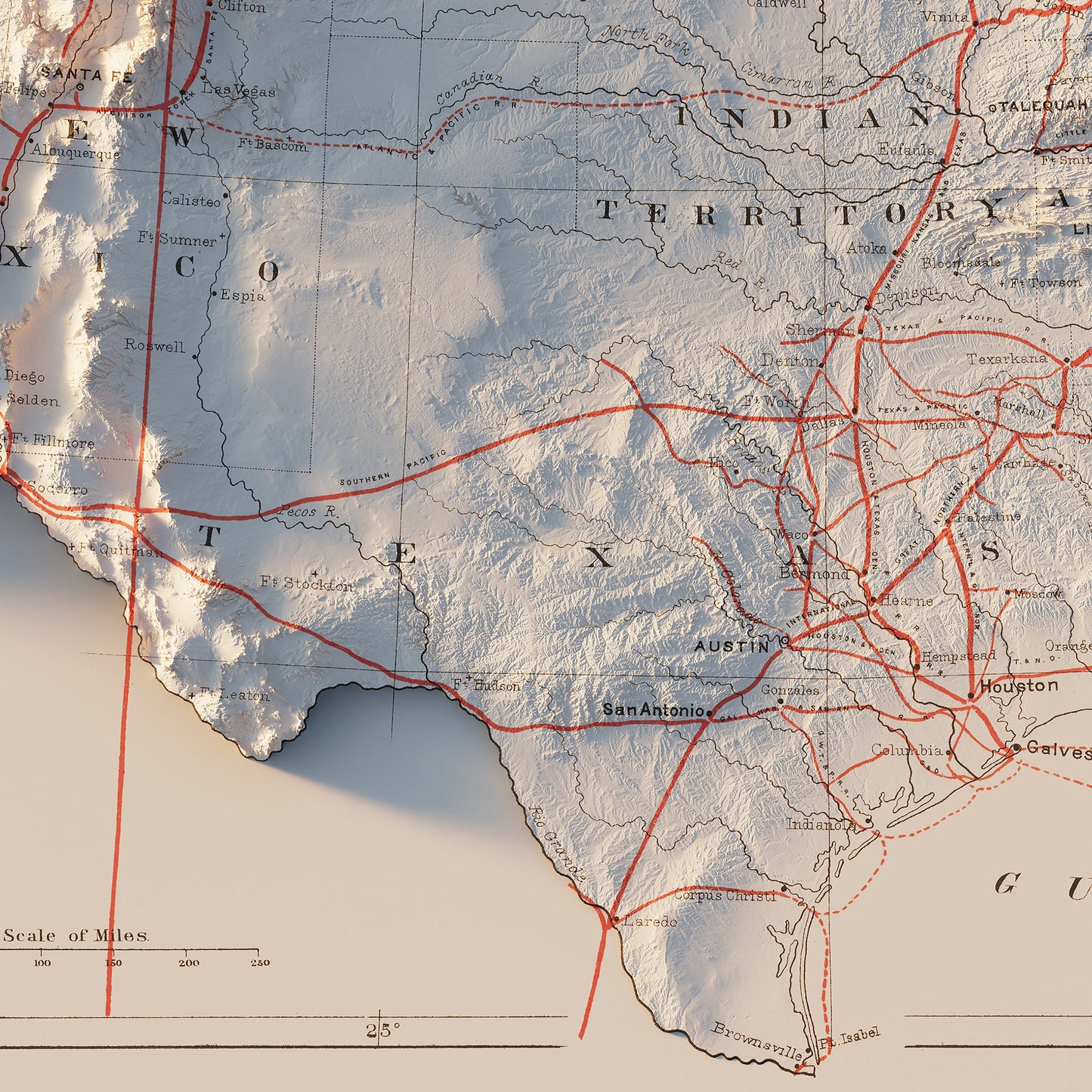 USA Railroad 1884 Shaded Relief Map