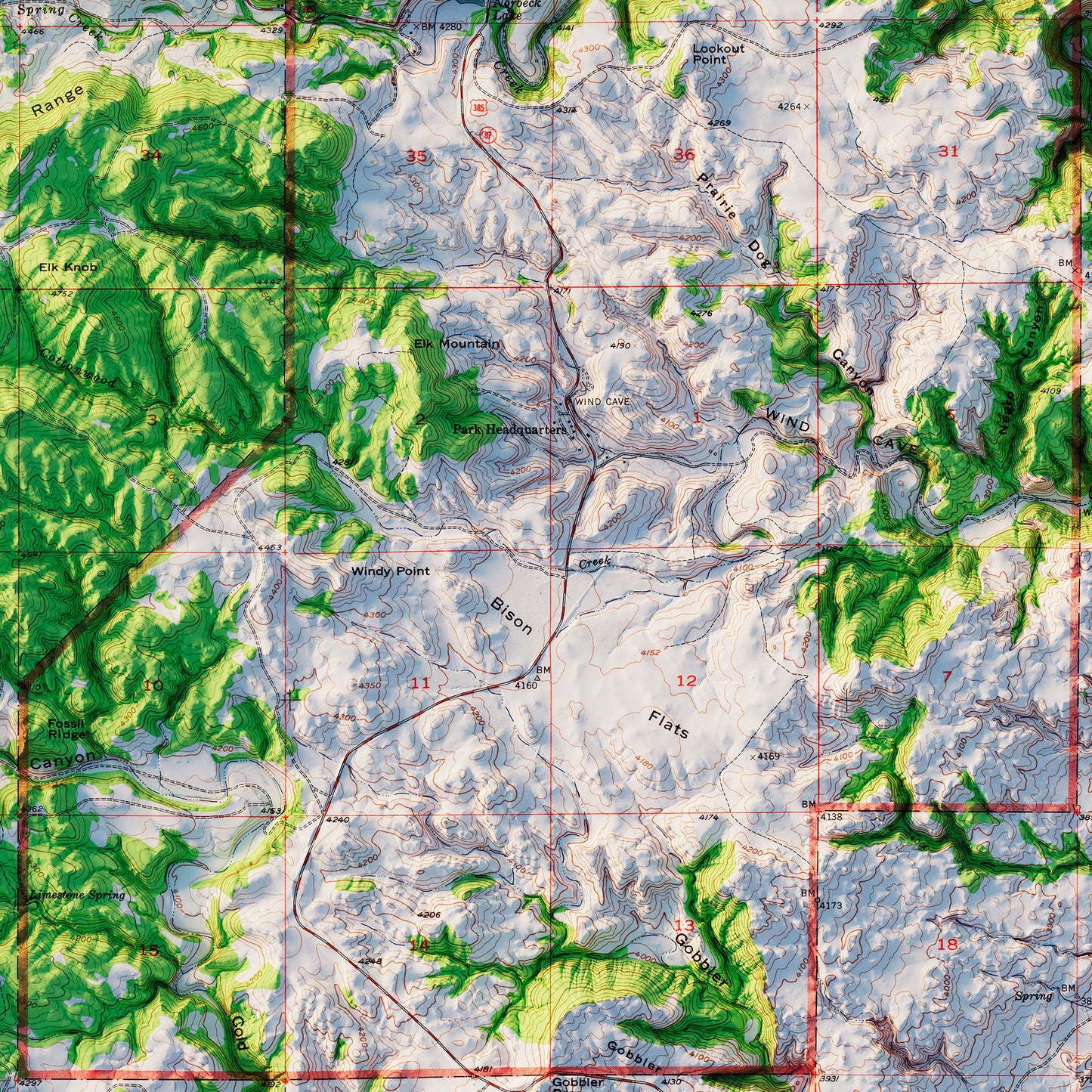 Wind Cave National Park 1957 Shaded Relief Map