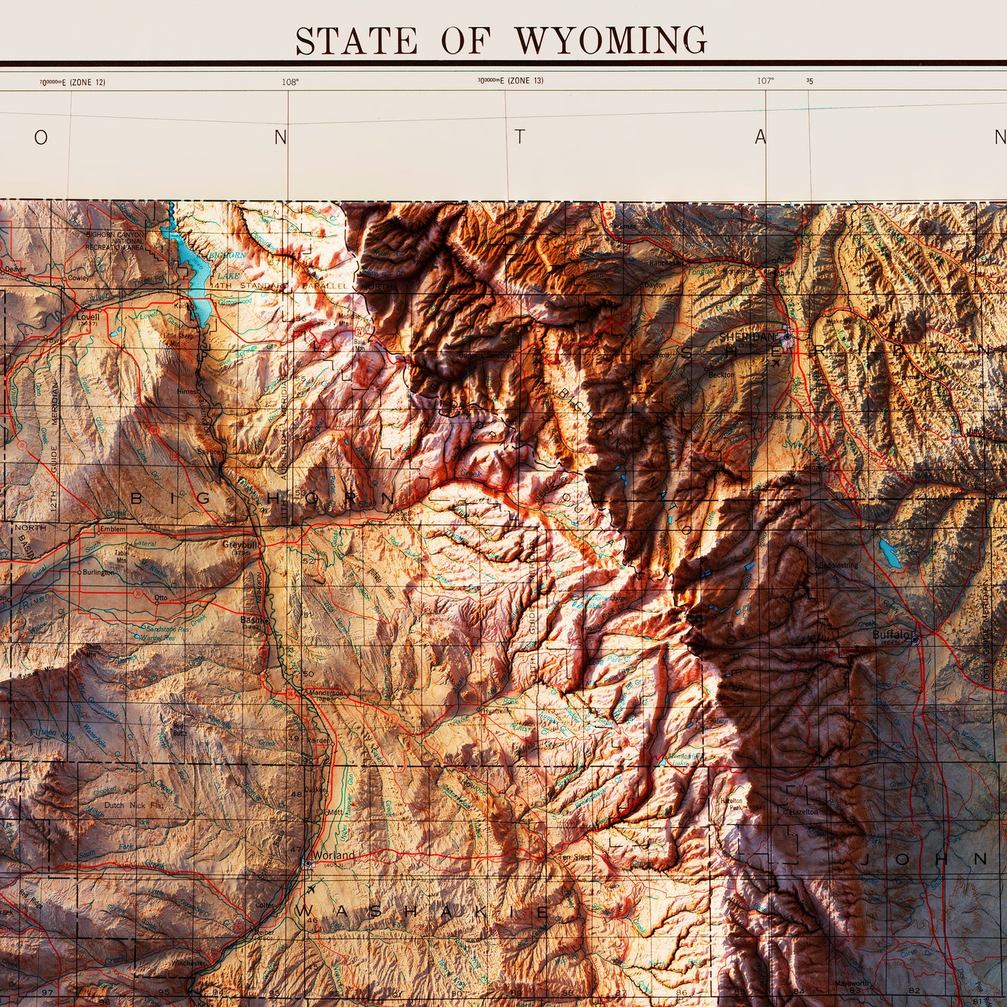 Wyoming 1980 Shaded Relief Map