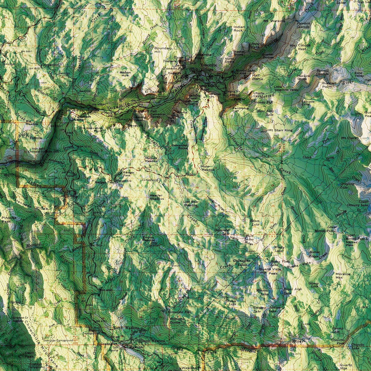 Yosemite National Park 1958 Shaded Relief Map