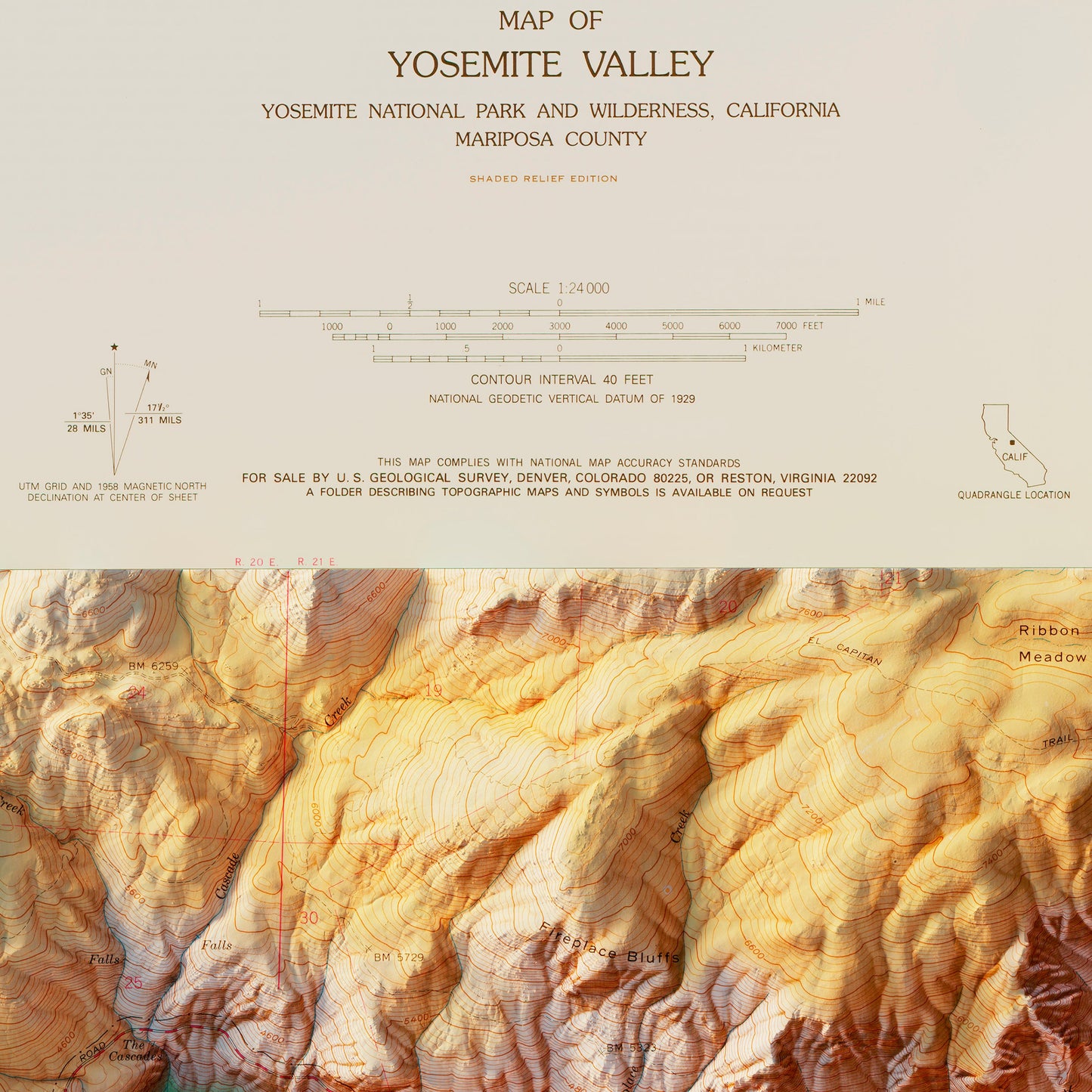 Yosemite Valley 1970 Shaded Relief Map